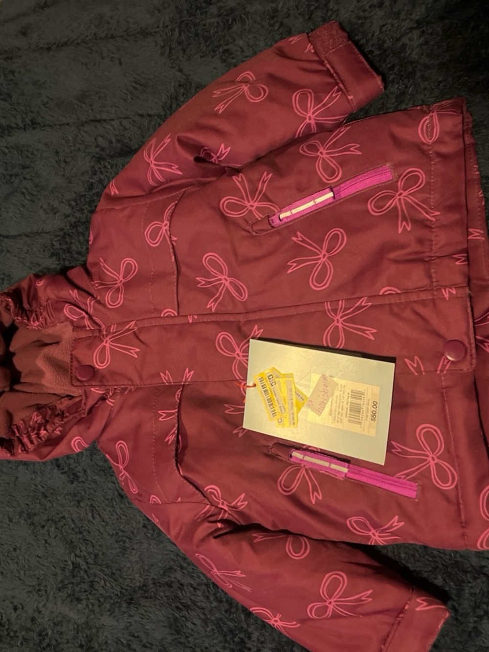Cat & Jack Girls' Dark Pink Bow-Print Puffer Jacket